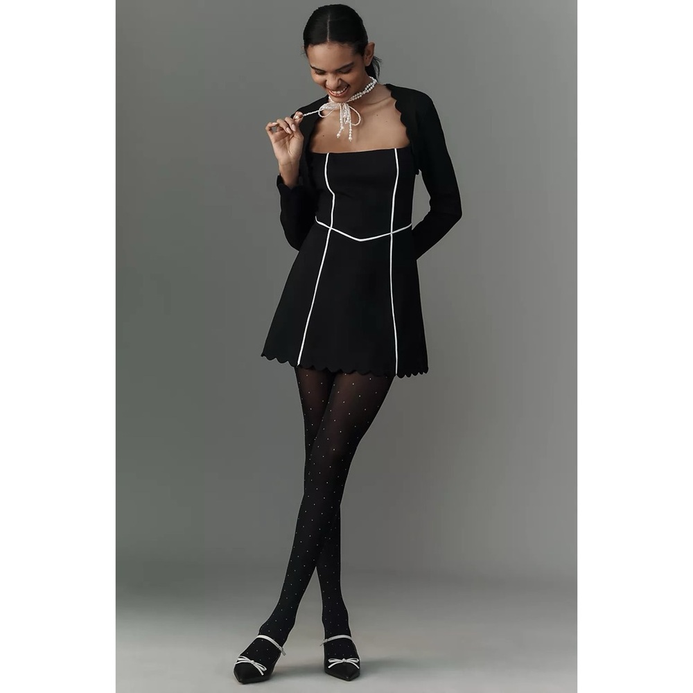 Anthropologie || Maeve Square-Neck Scalloped Hem‎ Long-Sleeve Mini Dress Black M